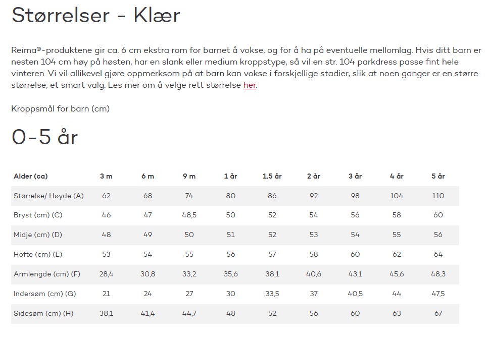 Størrelser Reima 0-5 år