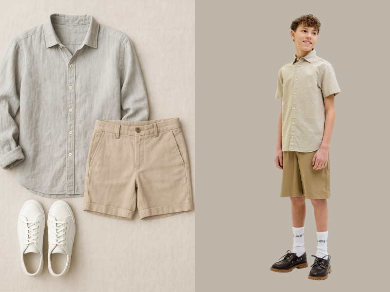 Flat lay av Grisch-inspirert ungdomsklær: skjorte, chinos, sneakers